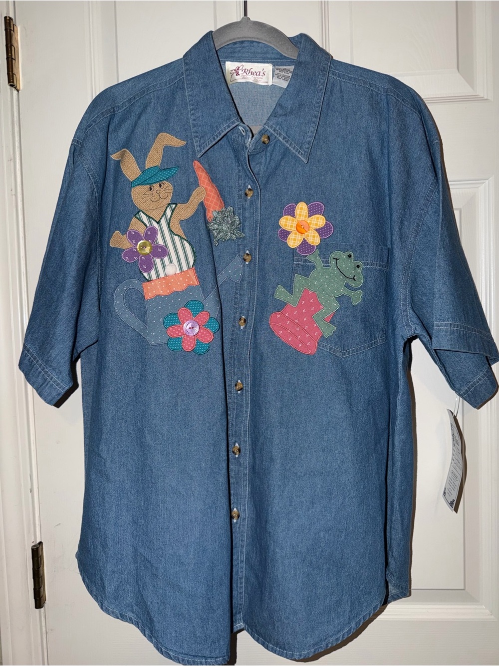 Blue Denim Button-Down Shirt with Bunny and Frog Playful‎ Appliqué